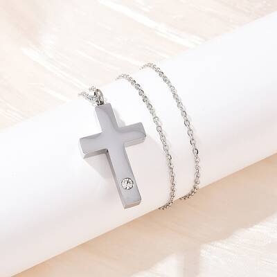 304 Stainless Steel Pave Clear Cubic Zirconia Cross Pendant Pet Urn Ashes Necklaces