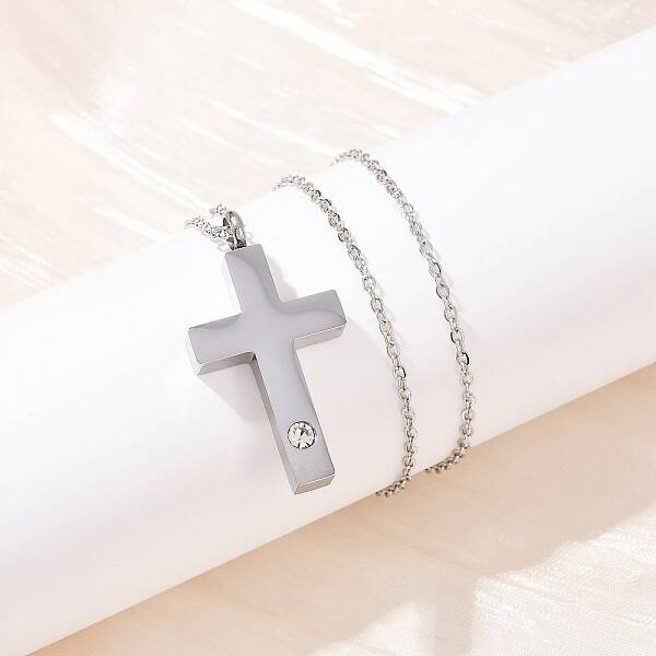 304 Stainless Steel Pave Clear Cubic Zirconia Cross Pendant Pet Urn Ashes Necklaces