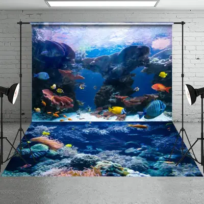 Summer Ocean Landscape Backdrop+Blue Ocean Reef Floor Mat - Aperturee