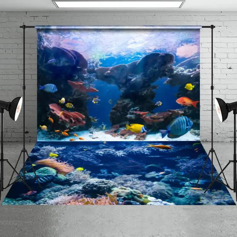 Summer Ocean Landscape Backdrop+Blue Ocean Reef Floor Mat - Aperturee
