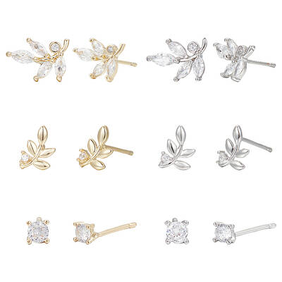 2 Sets 2 Colors Brass Micro Pave Cubic Zirconia Stud Earrings Set