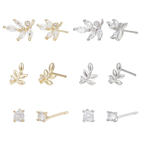 2 Sets 2 Colors Brass Micro Pave Cubic Zirconia Stud Earrings Set