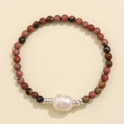 Natural Rhodonite & Freshwater Pearl Bead Stretch Bracelets for Women