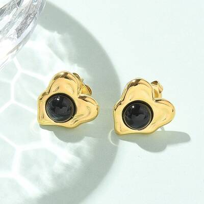 Natural Obsidian & Ion Plating(IP) 304 Stainless Steel Heart Stud Earrings