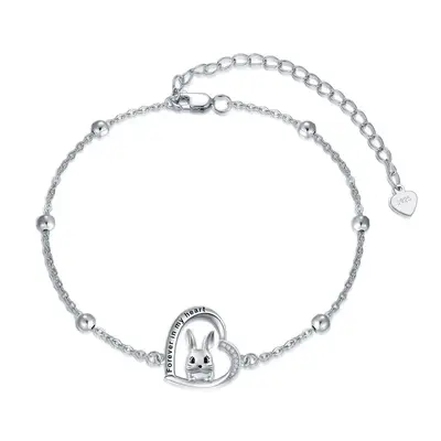 Sterling Silver Cubic Zirconia Rabbit & Heart Charm Bracelet with Engraved Word