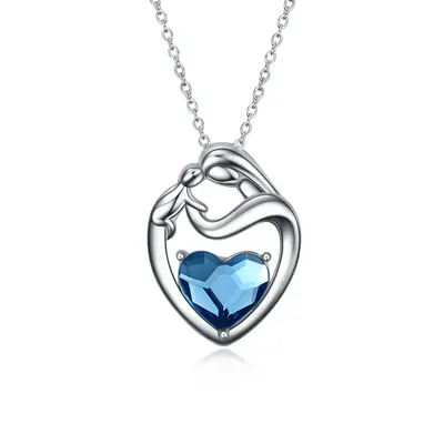 Sterling Silver Blue Crystal Heart Necklace for Women