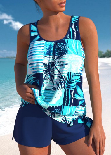 Modlily Tie High Waisted Tropical Plants Print Tankini Set - XXL