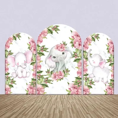 Cute Pink Elephant Floral Leaves Arch Backdrop Kit - Aperturee