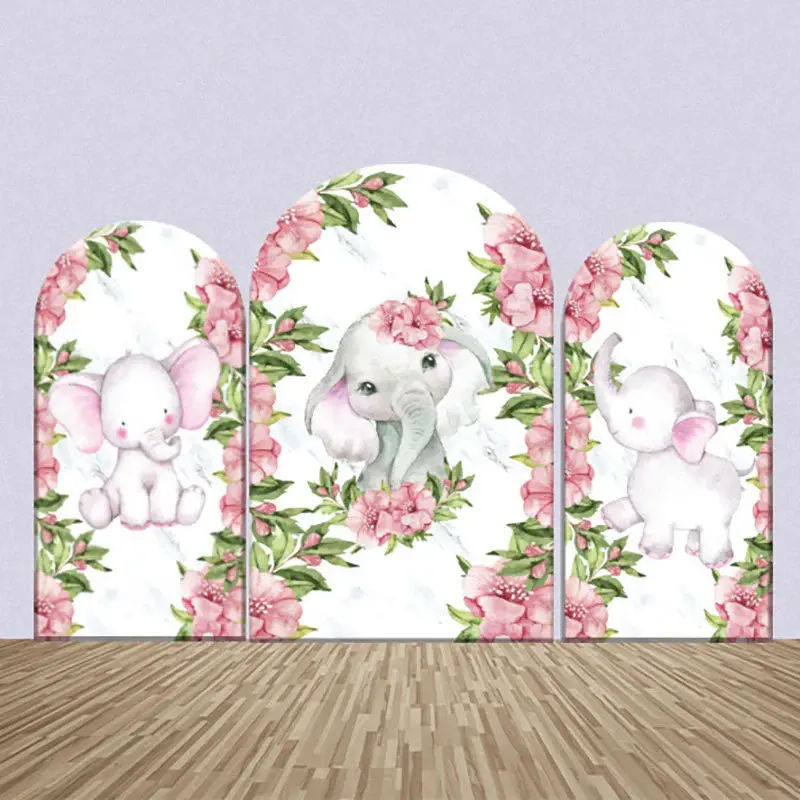 Cute Pink Elephant Floral Leaves Arch Backdrop Kit - Aperturee