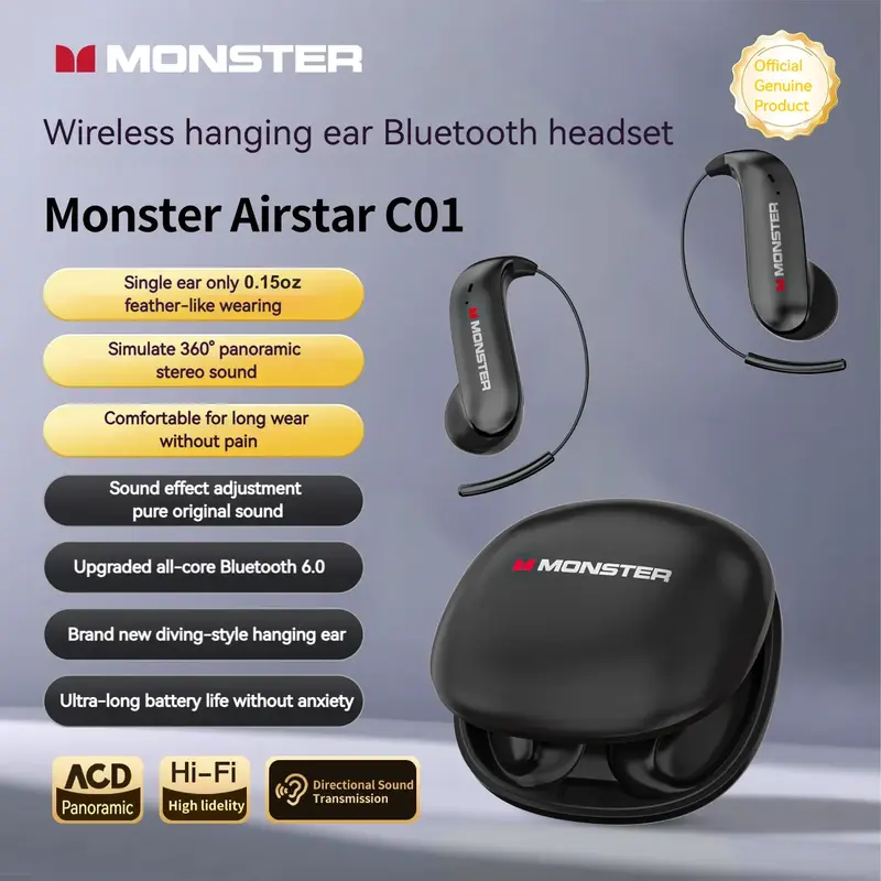 Monster Bluetooth-Compatible Earbuds with Zero‑Gravity Titanium Ear-Hook Design, Noise Cancelling Headphones, Bluetooth 6.0...