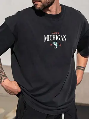 Men's Letter & Fish Print Drop Shoulder Tee, Regular Fit Manfinity Homme Loose Fit Short Sleeve Round Neck T-Shirt, Men's T...