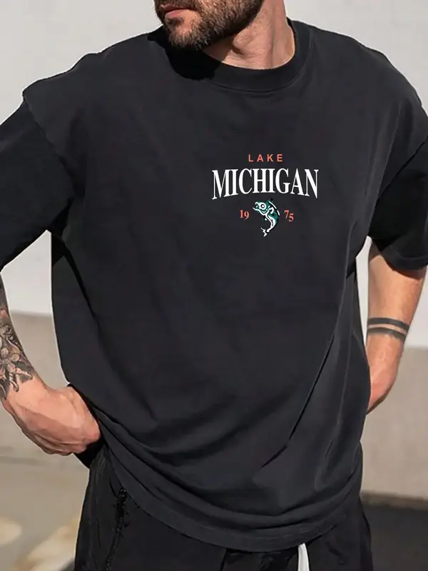 Men's Letter & Fish Print Drop Shoulder Tee, Regular Fit Manfinity Homme Loose Fit Short Sleeve Round Neck T-Shirt, Men's T...