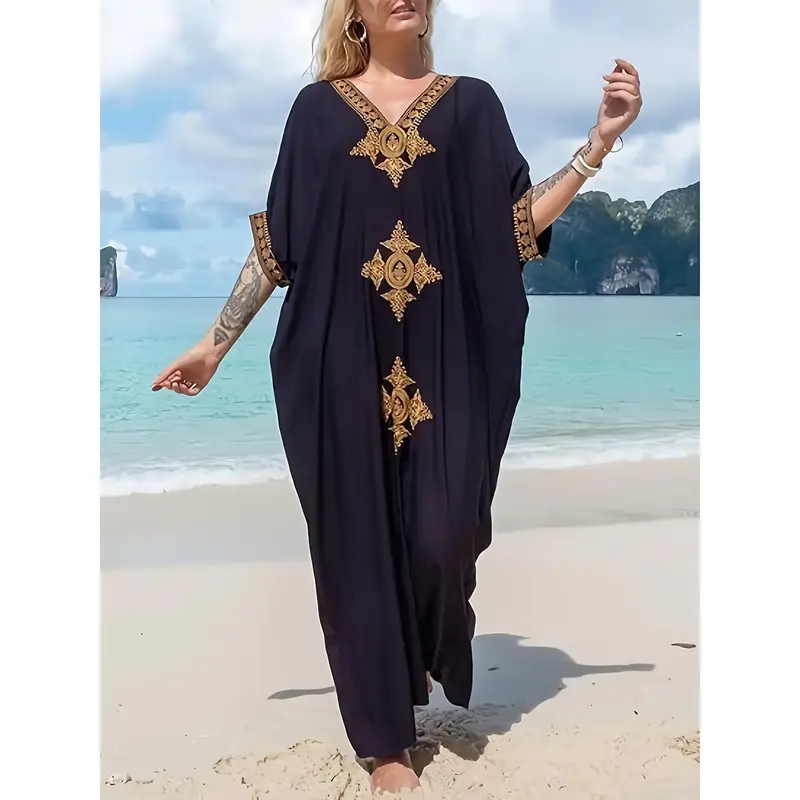 Gold Embroidery Long Kaftan Dresses V Neck Caftan Dress Beach Cover Ups For Women Embroidery - Elegant & Flowy Design - Soft ...