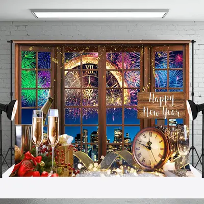 Aperturee Window Scene Gold Happy New Year Party Backdrop