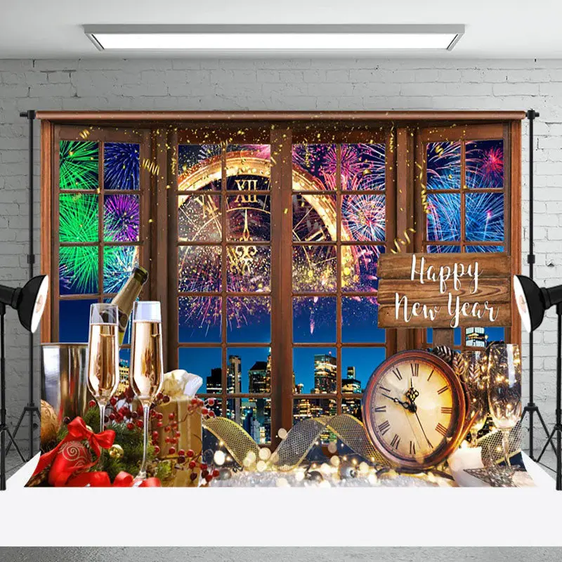 Aperturee Window Scene Gold Happy New Year Party Backdrop