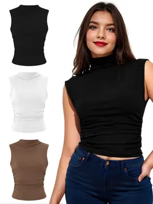 Women's Solid Color Mock Neck Ruched Tank Top, Summer Clothes Women, Casual Basic Sleeveless Top for Daily Outdoor Wear, Wom...