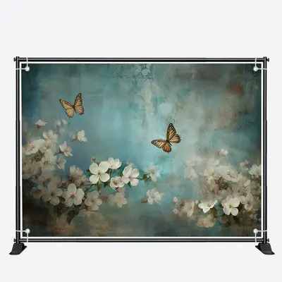 Blue Butterfly And White Flowers Birthday Backdrop - Aperturee