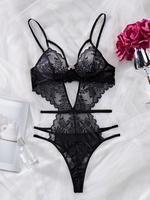 Women's Solid Cut Out Sheer Lace Lingerie Bodysuit, Elegant Sexy Breathable Spaghetti Strap Push Up Bodysuit for Daily Wear, ...