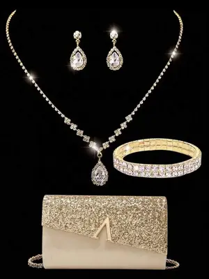 Women's Luxury Contrast Sequin Evening Bag & Rhinestone Decor Bridal Jewelry Set, Including Bracelet & Earring & Necklace, El...