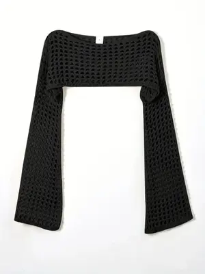 Women's Solid Hollow Out Sheer Long Sleeve Crop Crochet Sweater, Y2k Casual Boat Neck Jumper for Spring & Fall, Fashion Women...