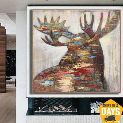 Moose Painting Large Animal Painting Oil Original Large Abstract Canvas Art Dine Room | FOREST KING 28"x28"