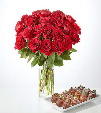 Red Rose Bouquet and Berry Bundle - 24 Roses with Berries and Glass Vase - FedEx