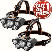 2 PCS Headlight Flashlights Outdoor, Rechargeable Headlamp, 5LED & Usb Charging Fishing Headlights Strong Light Four Mode Fla...