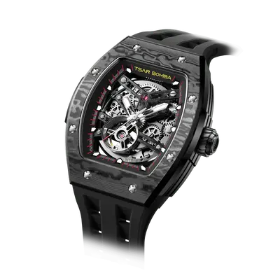 TSAR BOMBA Men's Automatic Watch | Cool Black | Stainless Steel Case | Carbon Fiber Bezel | Japanese Mechanical Skeleton Move...