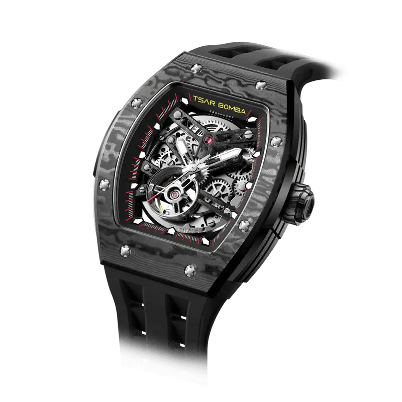 TSAR BOMBA Men's Automatic Watch | Cool Black | Stainless Steel Case | Carbon Fiber Bezel | Japanese Mechanical Skeleton Move...