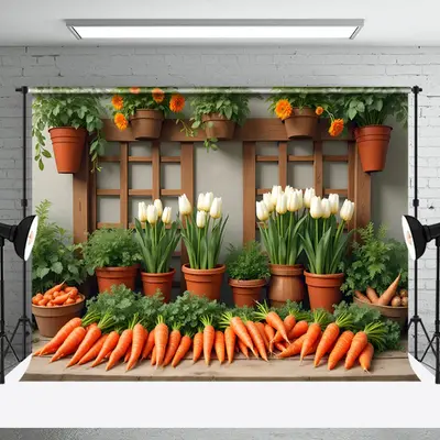 Aperturee Greenery Carrots Floral Spring Scene Photo Backdrop, 3X2FT(1MX0.6M), 14 USD, spring backdrops, NYHD6I02-M