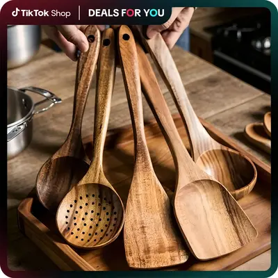5-Piece Premium Wood Kitchenware Set with Ergonomic Handles - Includes Spoon, Tablespoon and Sauté Spatula, Heat-resistant, ...