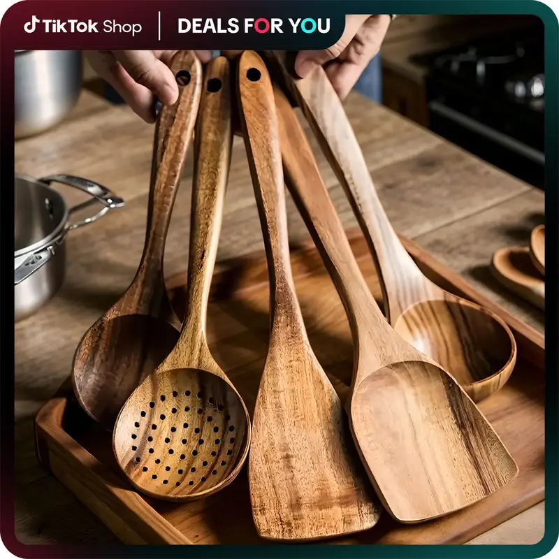 5-Piece Premium Wood Kitchenware Set with Ergonomic Handles - Includes Spoon, Tablespoon and Sauté Spatula, Heat-resistant, ...