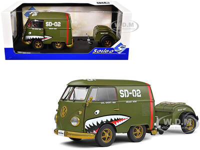 1950 Volkswagen Kool Kombi Van with Trailer Army Fighter Green with Graphics 1/18 Diecast Model Car by Solido