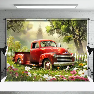Aperturee Red Truck Garden Fence Floral Spring Photo Backdrop, 3X2FT(1MX0.6M), 14 USD, spring backdrops, NYHD1I54-M