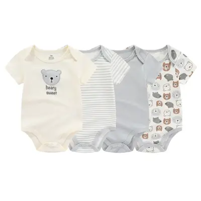 4 PCS 100% Cotton Newborn Baby Bodysuit Boy Girl Cute Animal Print Pattern Short-Sleeve Bodysuit ,0-12 Months