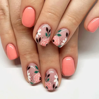 Floral Peach Press On Nails | CurvLife Nail | 24pcs Short Square Fake Nails | Hand-Painted Flower Design | Easy Apply, Comfor...