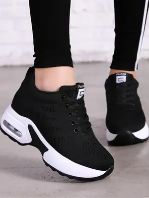 Women's Plain Lace Up Round Toe Height Increasing Sneakers, Wedge Trainers, Designer Shoes, Comfortable Letter Label Decor At...