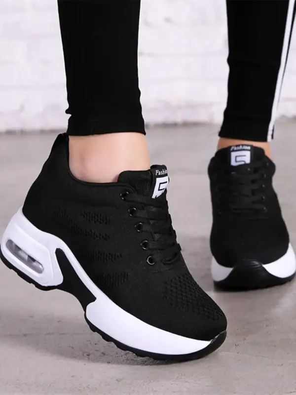 Women's Plain Lace Up Round Toe Height Increasing Sneakers, Wedge Trainers, Designer Shoes, Comfortable Letter Label Decor At...