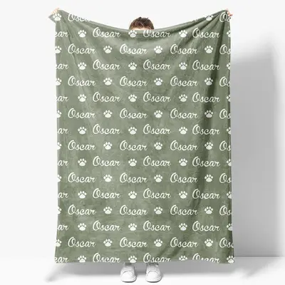 Military Green White Paw Print Custom Name Blanket - Aperturee