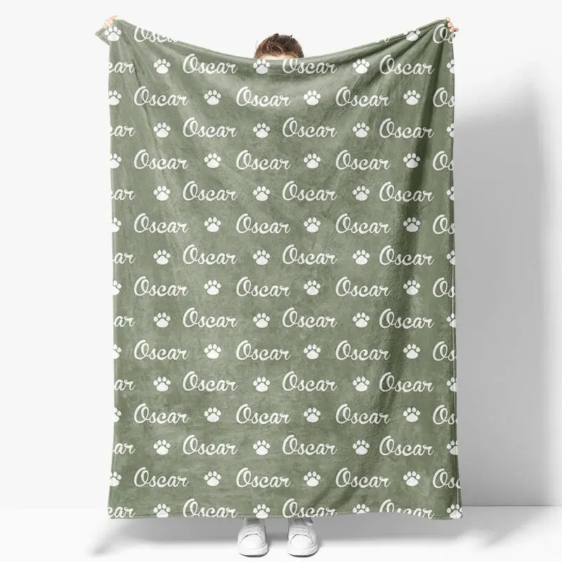 Military Green White Paw Print Custom Name Blanket - Aperturee