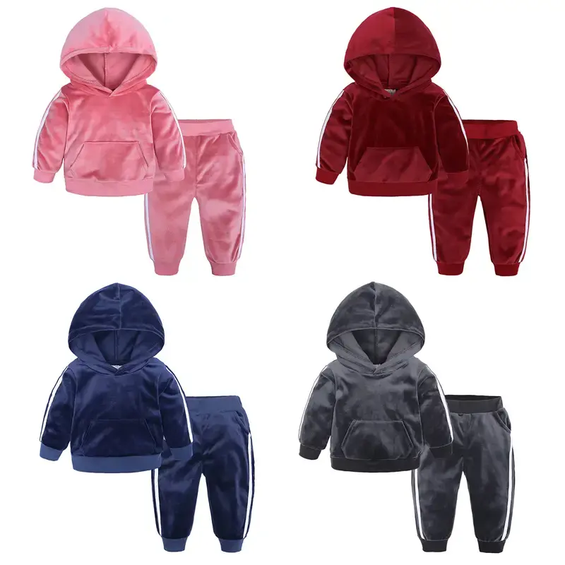 2024 Kids Boy Girl Clothes Set Velvet Tracksuit Suit Velour Hoodie Pocket Sweatshirt Tops+Sweatpants Children Athletic Sportw...