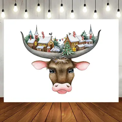 Funny Cow Head Snowtown White Birthday Backdrop