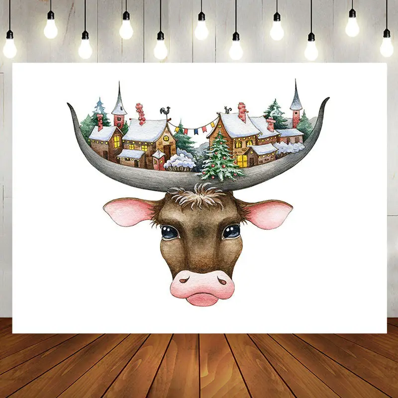 Funny Cow Head Snowtown White Birthday Backdrop