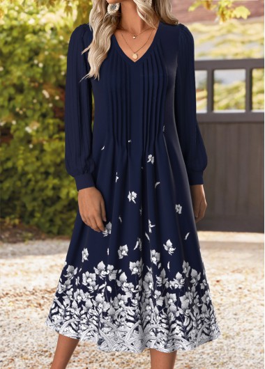 Modlily Multi Color Tummy Coverage Floral Print Long Sleeve Dress - M