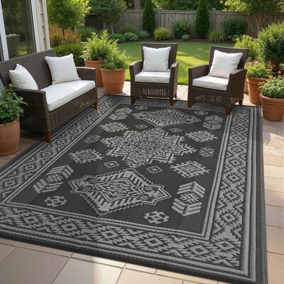 Garvee 9x18 Vintage Outdoor Rugs Waterproof Patio Rugs Indoor Outdoor Medallion Reversible Mat Foldable Lightweight Plastic S...