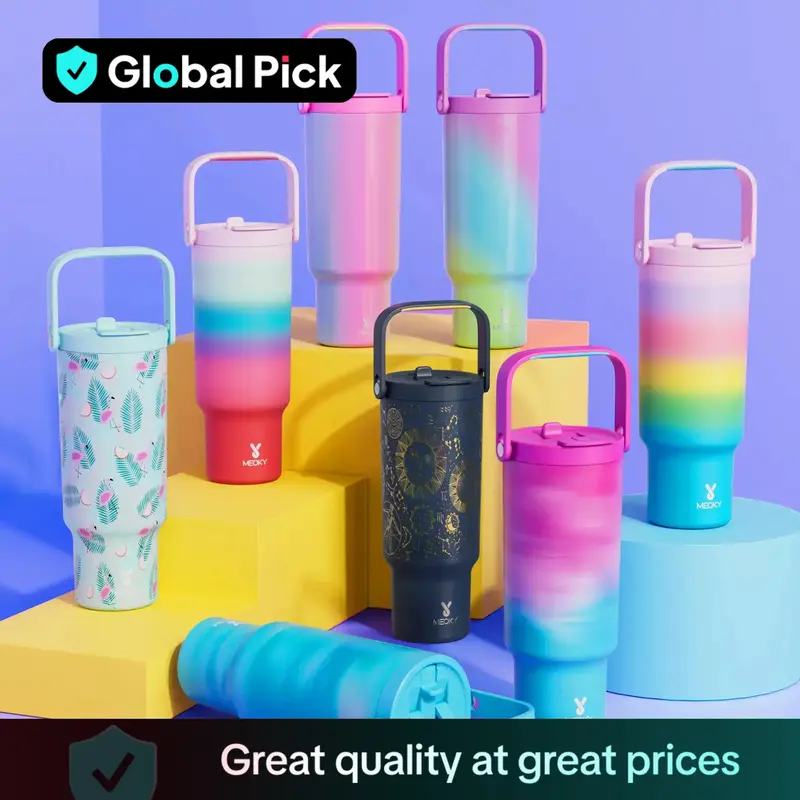 【Meoky】32oz&40oz Double-mouth Handle Tumbler, Direct Drinking Mouth and Straw Mouth, Replaceable Plastic Handle & Braided...