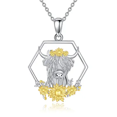 Sterling Silver Highland Cow & Sunflower Pendant Necklace