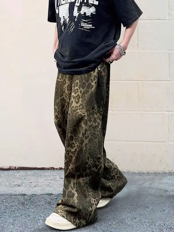 Men's Loose Leopard Print Pocket Drawstring Waist Straight Leg Pants, Casual Comfy Ornament Decor Trousers for Daily Wear, Me...