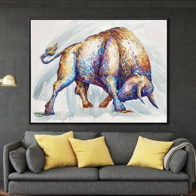 Extra Large Original Charging Bull Painting On Canvas Modern Orange Abstract Animal Painting Minimalist Fine Art Decor | CORR...