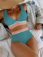 Two-piece Set Women's Chevron Trim Textured Bikinis Set, Casual Hollow Out V Neck Swim Top & High Waist Swim Knicker, Two-Pie...